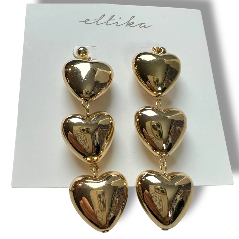 Revolve Ettika 18k Gold Plated Heart Triple Drop Earrings Puffy NWT Dangles